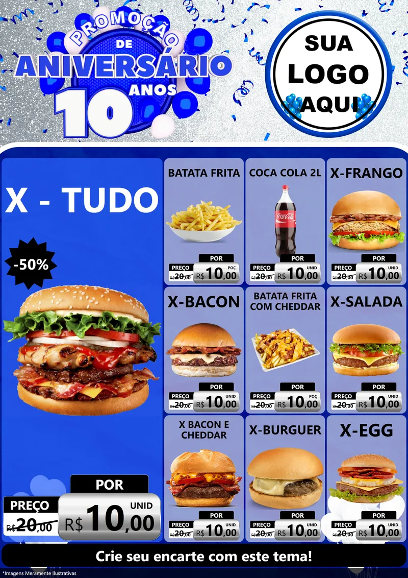 Modelo de Encarte para Encarte A4 Vertical com o tema Promoção de Aniversário - 10 Anos para Hamburgueria