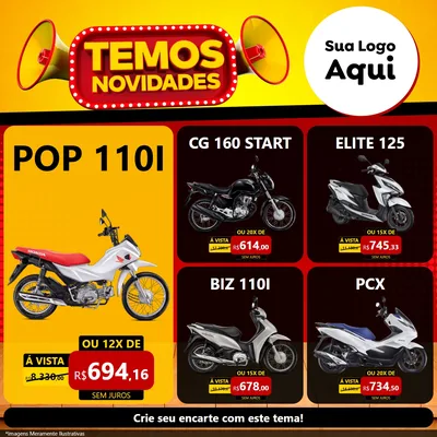 Modelo de Rede Social para Feed Facebook com o tema Temos Novidades para Concessionaria de Motos