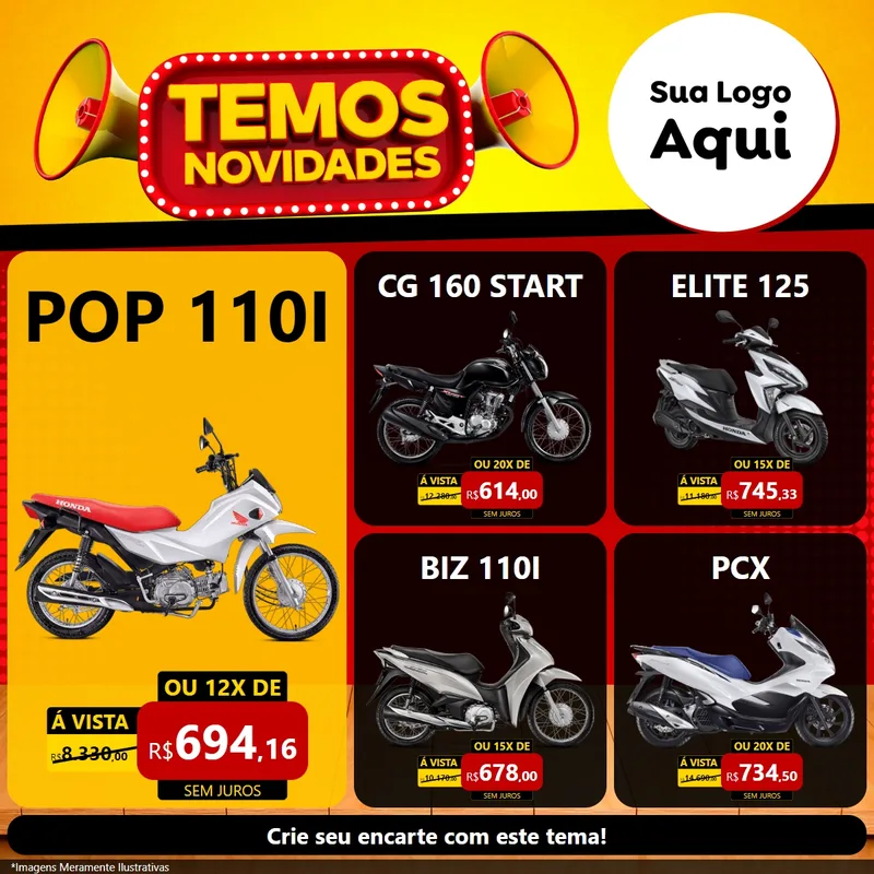 Modelo de Rede Social para Feed Facebook com o tema Temos Novidades para Concessionaria de Motos
