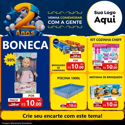 Modelo de Rede Social para Feed Facebook com o tema Aniversário de 2 anos para Brinquedos