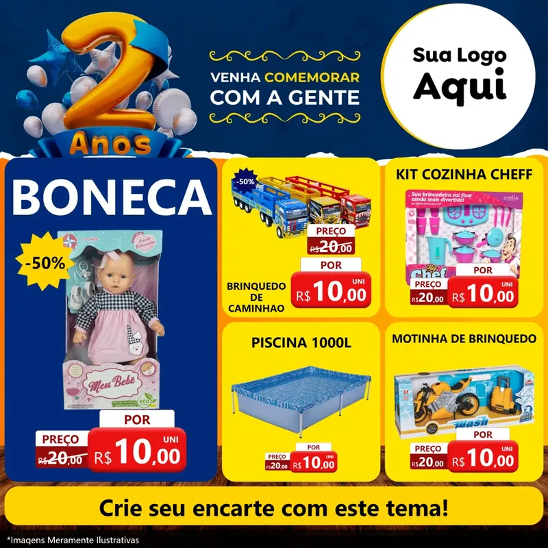 Modelo de Rede Social para Feed Facebook com o tema Aniversário de 2 anos para Brinquedos