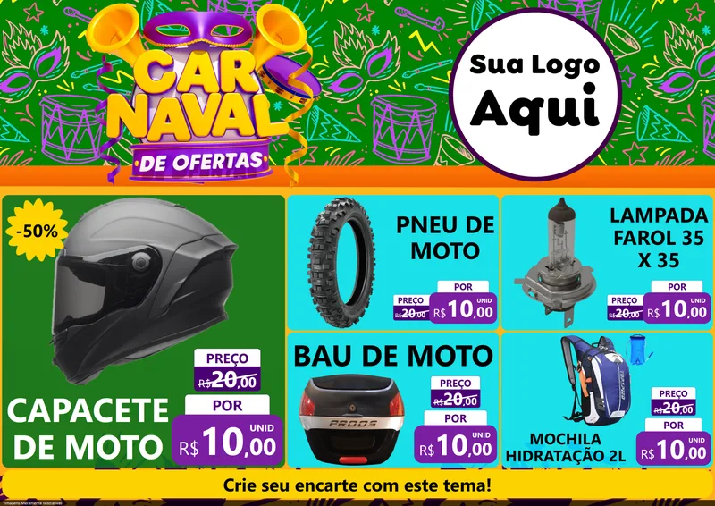 Modelo de Encarte para Encarte A4 Horizontal com o tema Carnaval de Ofertas para Moto peças