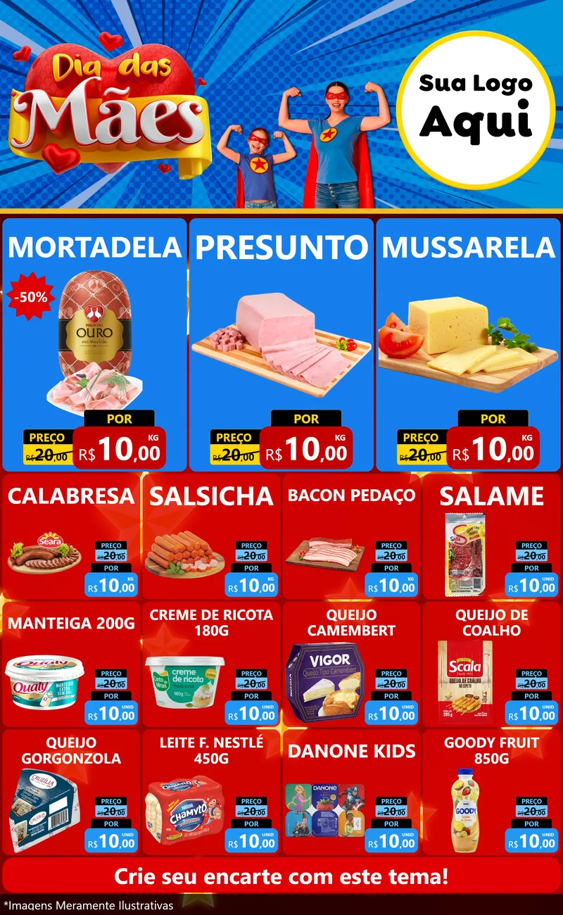 Modelo de Encarte para Encarte Grande com o tema Dia das Mães para Frios e Laticínios