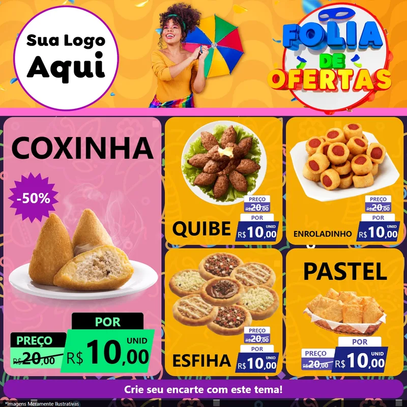 Modelo de Rede Social para Feed Facebook com o tema Folia de Ofertas para Salgadaria