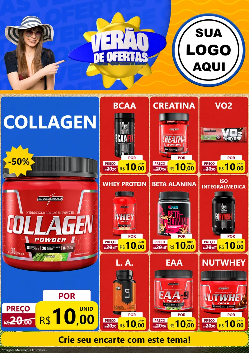 Modelo de Encarte para Encarte A4 Vertical com o tema Verão de Ofertas para Suplementos alimentares