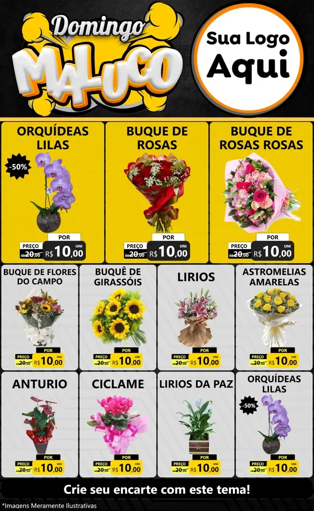 Modelo de Encarte para Encarte Grande com o tema Domingo Maluco para Floricultura e jardim