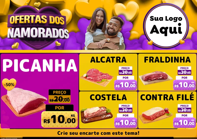 Modelo de Encarte para Encarte A4 Horizontal com o tema Oferta Dos Namorados para Açougue