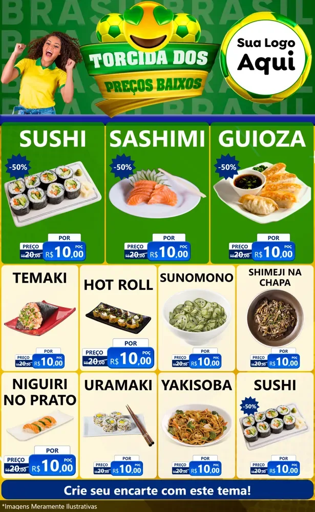 Modelo de Encarte para Encarte Grande com o tema Torcida dos Preços Baixos - Copa para Comida japonesa