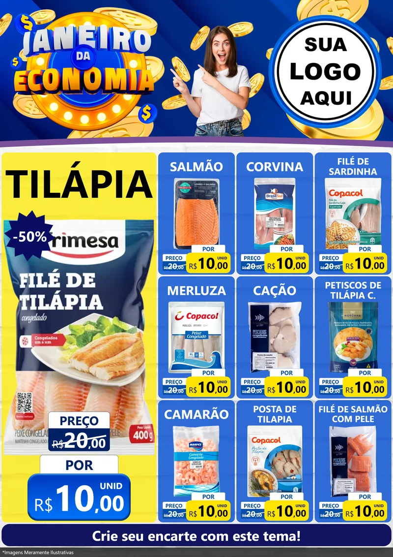 Modelo de Encarte para Encarte A4 Vertical com o tema Janeiro da Economia para Peixaria