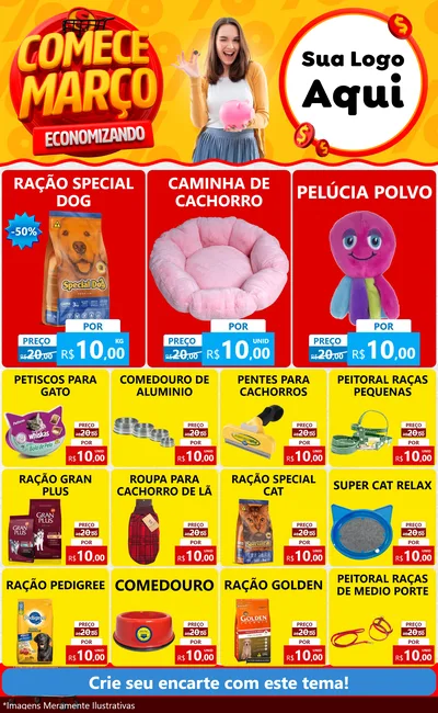 Modelo de Encarte para Encarte Grande com o tema Comece Março Economizando para Pet Shop