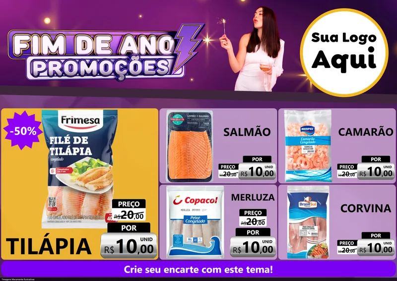 Modelo de Encarte para Encarte A4 Horizontal com o tema Fim de Ano Promoções para Peixaria