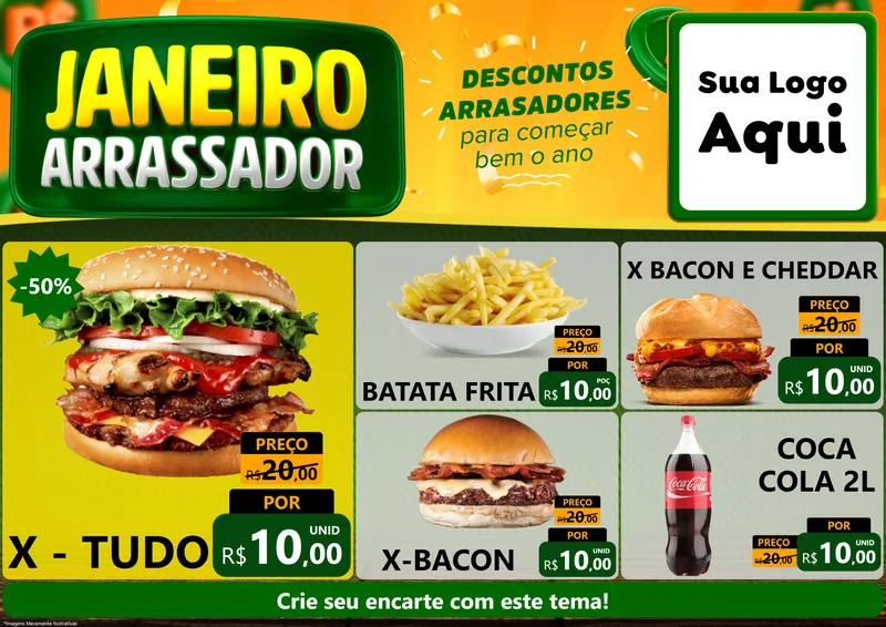 Modelo de Encarte para Encarte A4 Horizontal com o tema Janeiro Arrasador para Hamburgueria