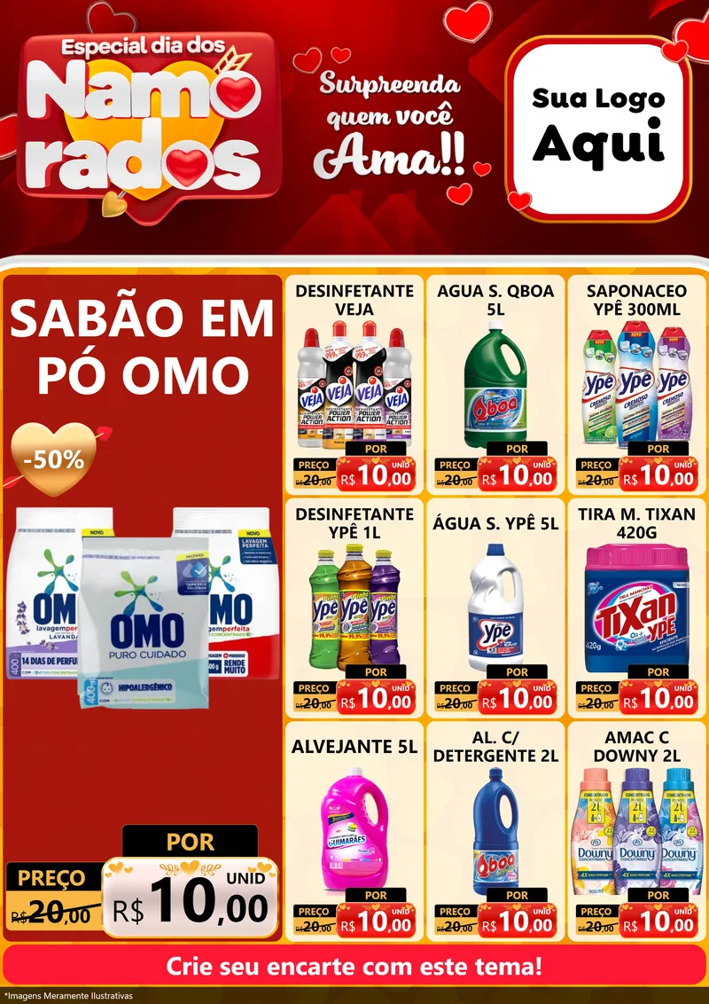 Modelo de Encarte para Encarte A4 Vertical com o tema Especial Dia dos Namorados para Produtos de Limpeza