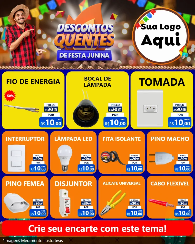 Modelo de Rede Social para Feed Instagram com o tema Descontos Quentes de Festa Junina para Materiais Elétricos