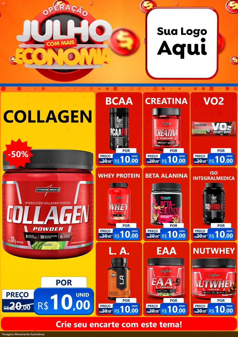 Modelo de Encarte para Encarte A4 Vertical com o tema Operação Julho Com Mais Economia para Suplementos alimentares