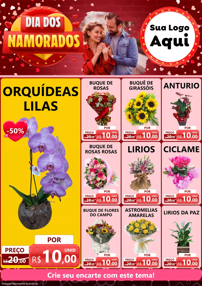 Modelo de Encarte para Encarte A4 Vertical com o tema Dia Dos Namorados para Floricultura e jardim