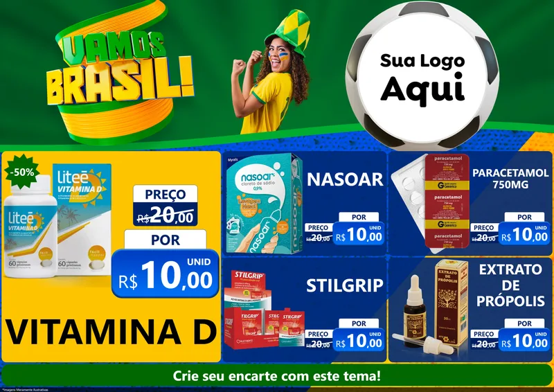 Modelo de Encarte para Encarte A4 Horizontal com o tema Vamos Brasil - Copa para Farmácia