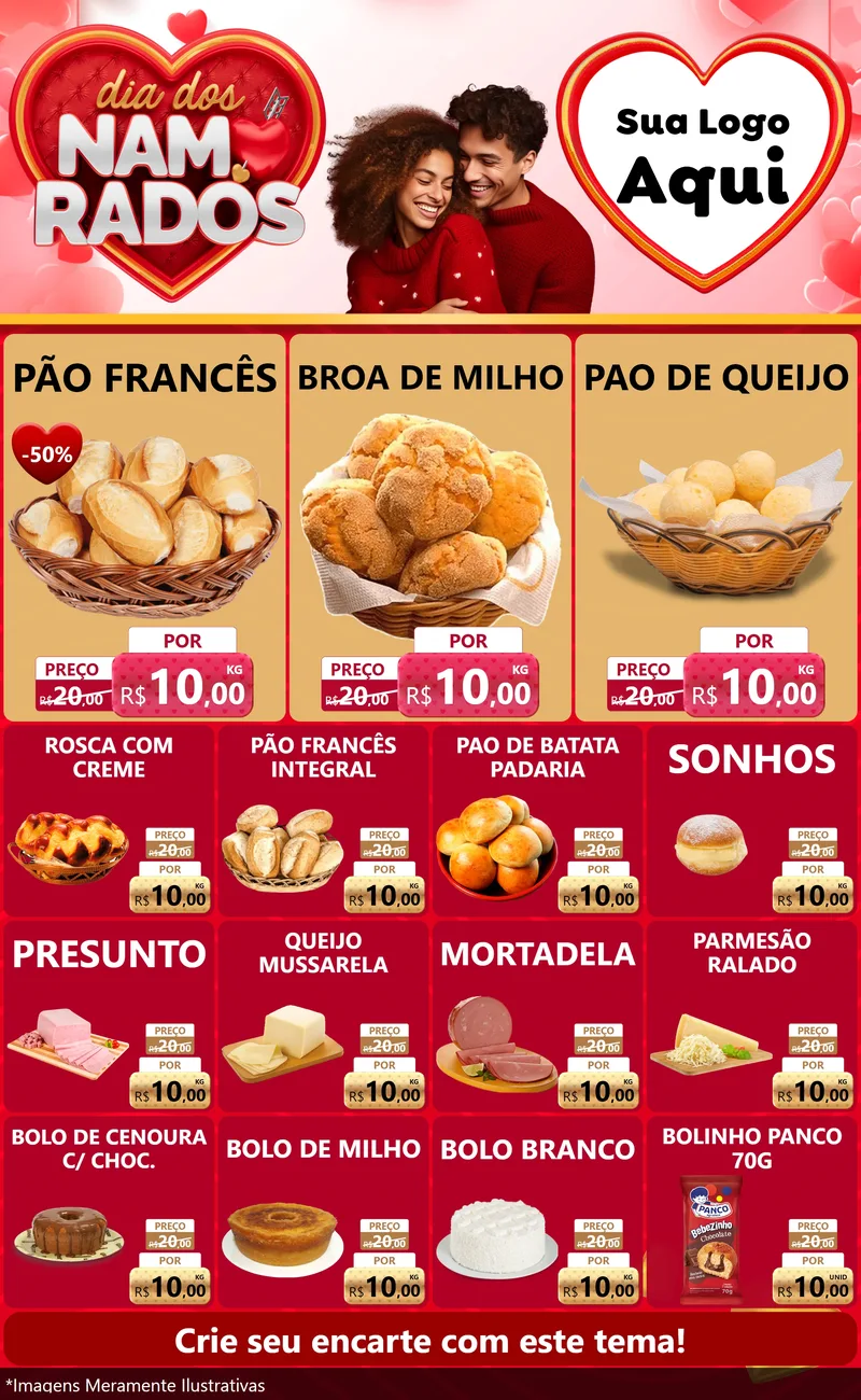 Modelo de Encarte para Encarte Grande com o tema Dia dos Namorados para Padaria