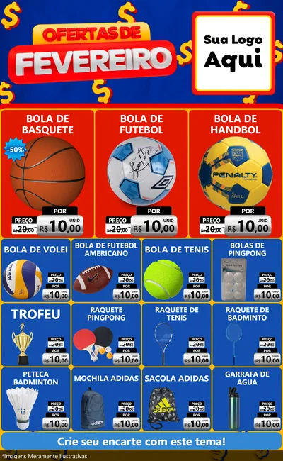 Modelo de Encarte para Encarte Grande com o tema Ofertas de Fevereiro para Artigos Esportivos