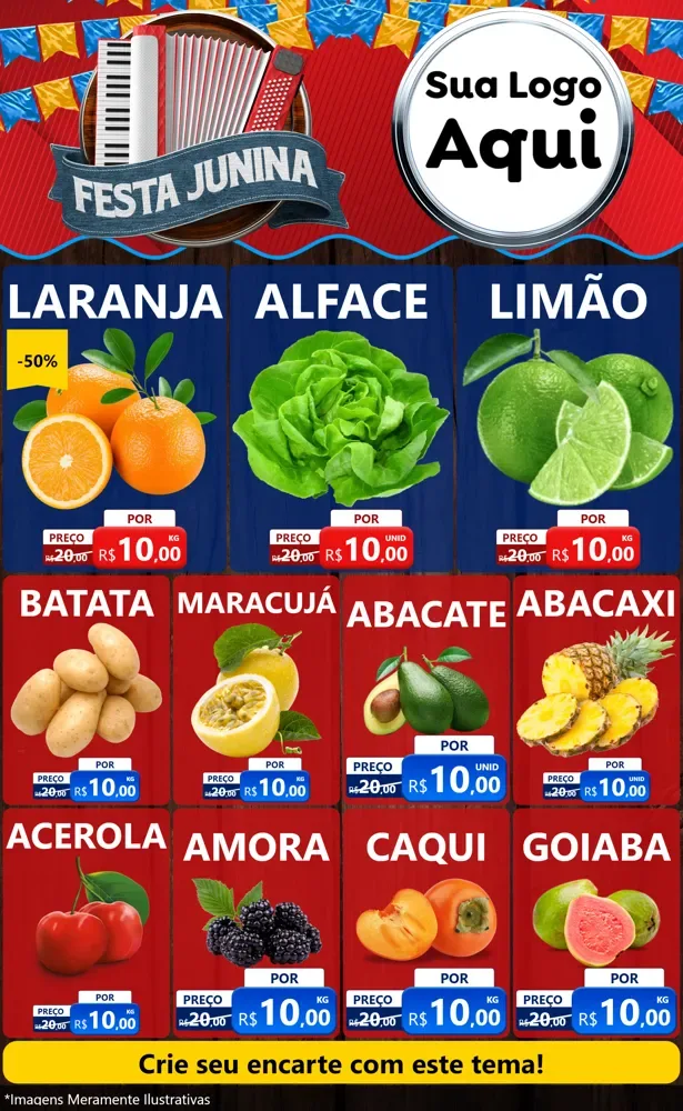 Modelo de Encarte para Encarte Grande com o tema Festa Junina para Hortifrúti