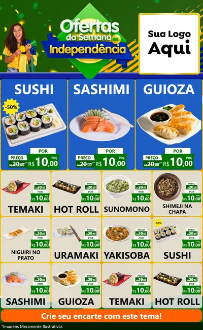 Modelo de Encarte para Encarte Grande com o tema Ofertas da Semana da Independência para Comida japonesa