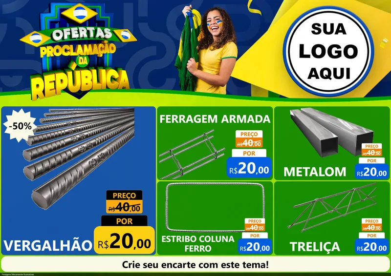 Modelo de Encarte para Encarte A4 Horizontal com o tema Ofertas Proclamação da República para Ferragens