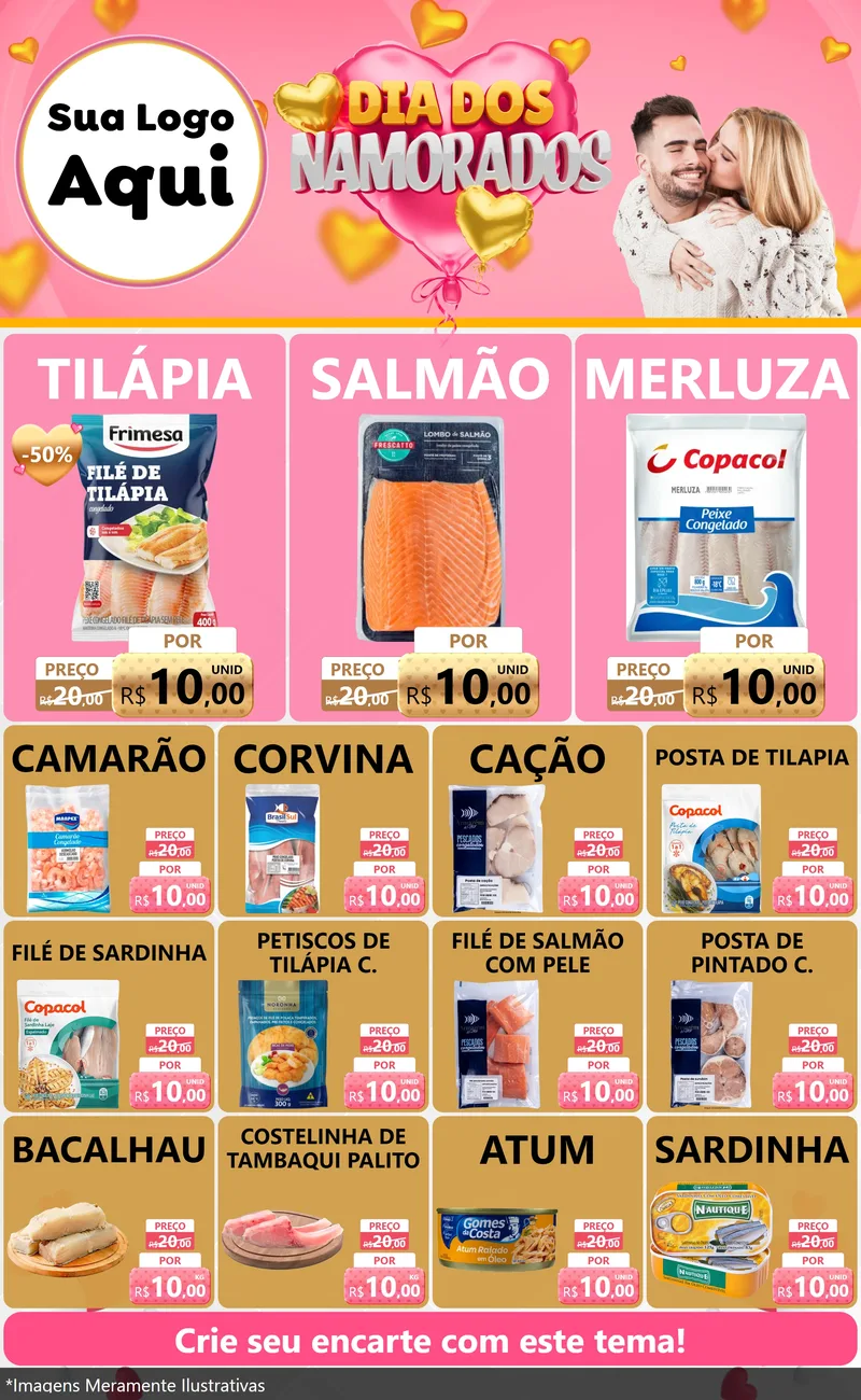 Modelo de Encarte para Encarte Grande com o tema Dia dos Namorados para Peixaria