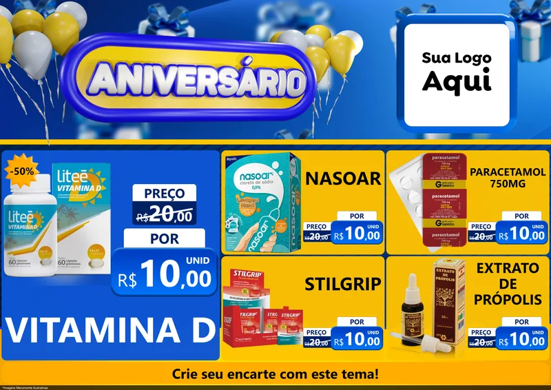 Modelo de Encarte para Encarte A4 Horizontal com o tema Aniversário para Farmácia
