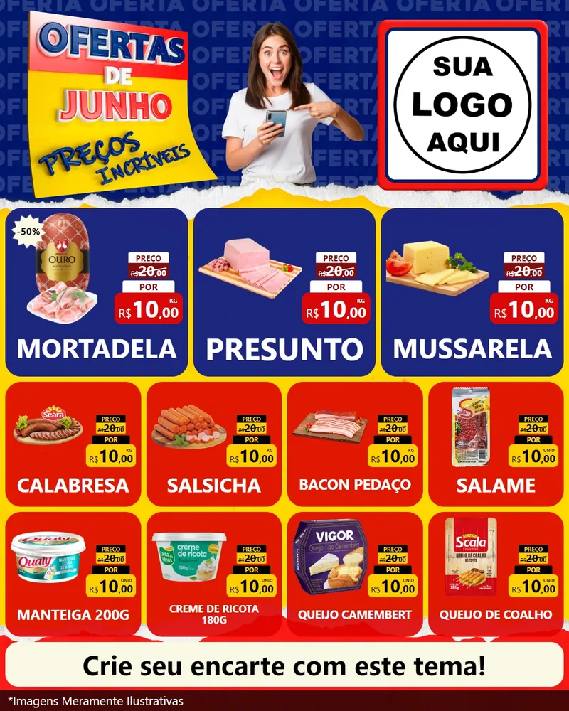 Modelo de Rede Social para Feed Instagram com o tema Ofertas de Junho - Preços Incríveis para Frios e Laticínios