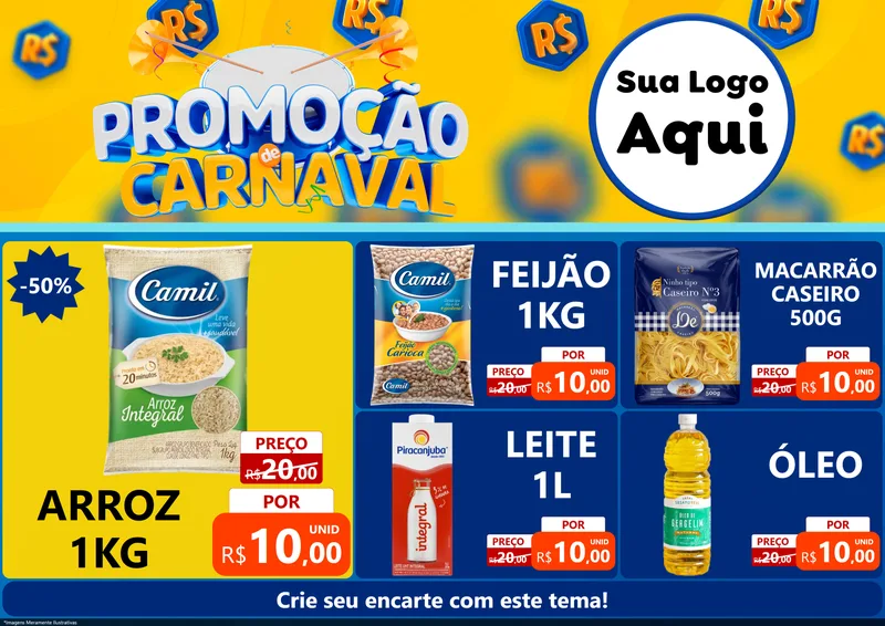 Modelo de Encarte para Encarte A4 Horizontal com o tema Promoção de Carnaval para Supermercado