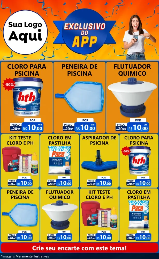 Modelo de Encarte para Encarte Grande com o tema Exclusivo do Aplicativo para Produtos para Piscina