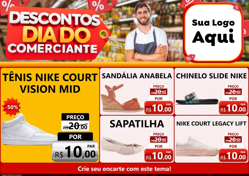 Modelo de Encarte para Encarte A4 Horizontal com o tema Descontos Dia do Comerciante para Calçados