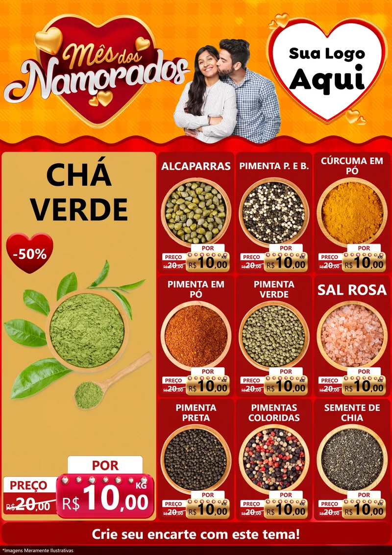 Modelo de Encarte para Encarte A4 Vertical com o tema Mês dos Namorados para Produtos Naturais
