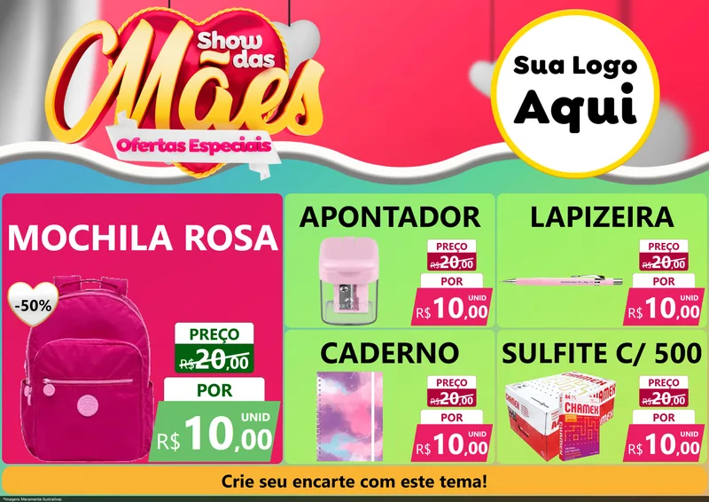 Modelo de Encarte para Encarte A4 Horizontal com o tema Show das Mães - Ofertas Especiais para Papelaria