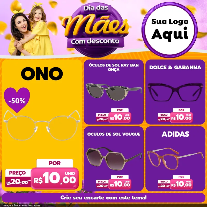 Modelo de Rede Social para Feed Facebook com o tema Dia das Mães com Desconto para Óticas