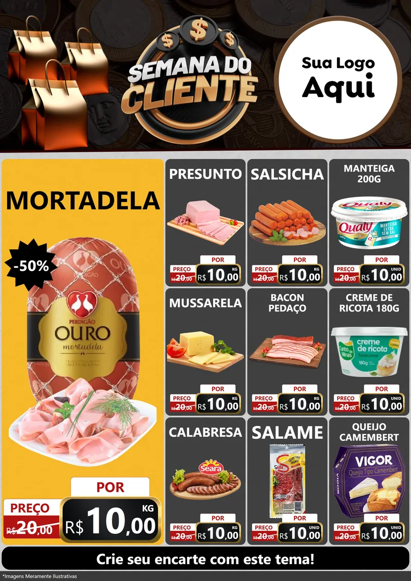 Modelo de Encarte para Encarte A4 Vertical com o tema Semana do Cliente para Frios e Laticínios