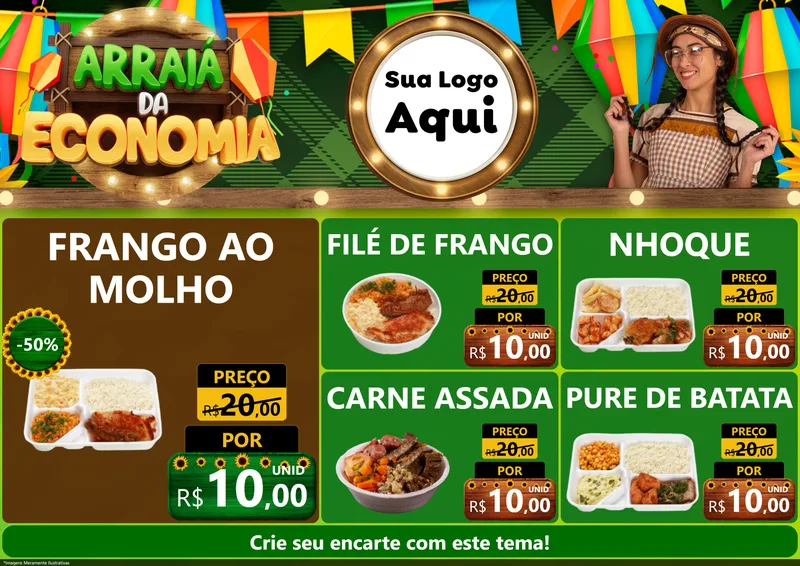 Modelo de Encarte para Encarte A4 Horizontal com o tema Arraiá de Economia para Restaurante