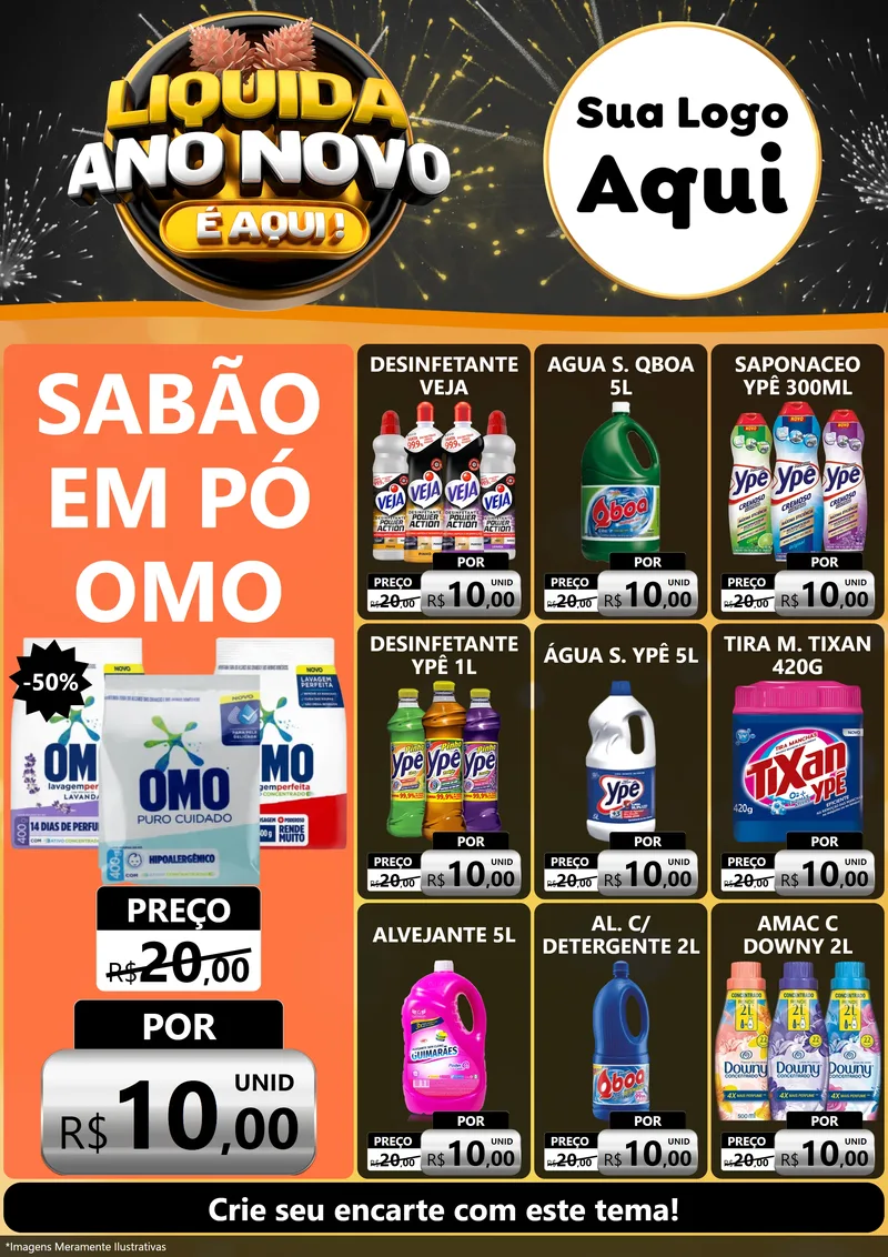 Modelo de Encarte para Encarte A4 Vertical com o tema Liquida Ano Novo É Aqui! para Produtos de Limpeza