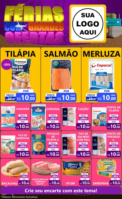 Modelo de Encarte para Encarte Grande com o tema Férias com Grandes Ofertas para Peixaria