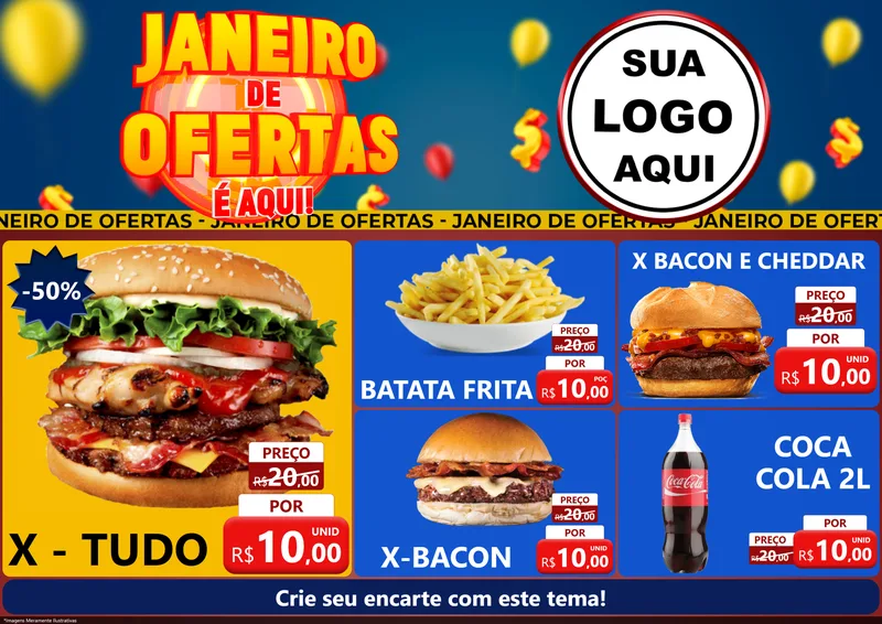 Modelo de Encarte para Encarte A4 Horizontal com o tema Janeiro de Ofertas É Aqui! para Hamburgueria