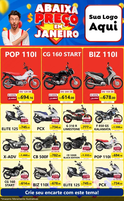 Modelo de Encarte para Encarte Grande com o tema Abaixa Preço em Janeiro para Concessionaria de Motos