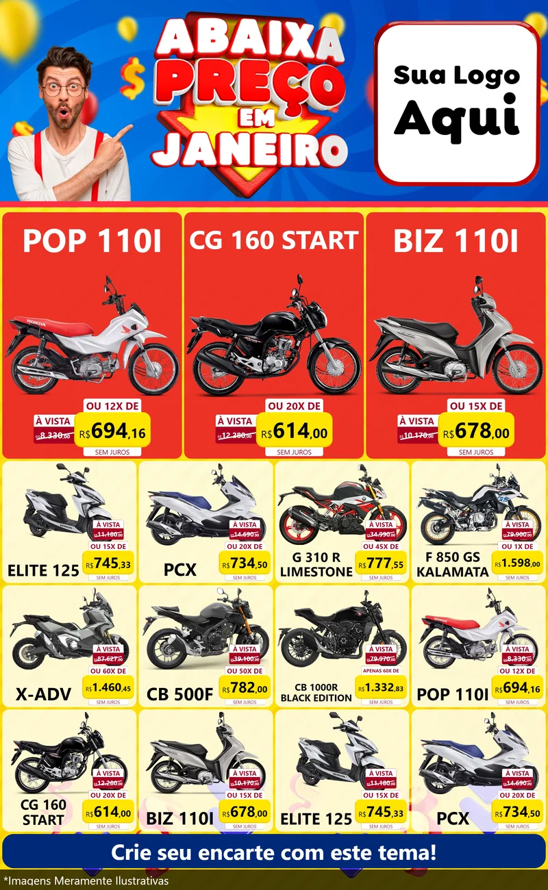 Modelo de Encarte para Encarte Grande com o tema Abaixa Preço em Janeiro para Concessionaria de Motos