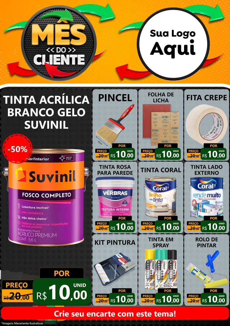 Modelo de Encarte para Encarte A4 Vertical com o tema Mês do Cliente para Tintas e Ferramentas