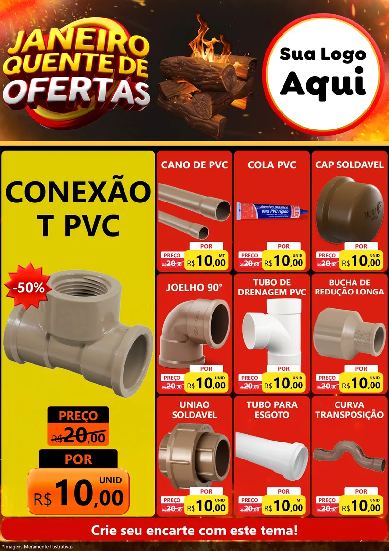 Modelo de Encarte para Encarte A4 Vertical com o tema Janeiro Quente de Ofertas para Tubos e conexões