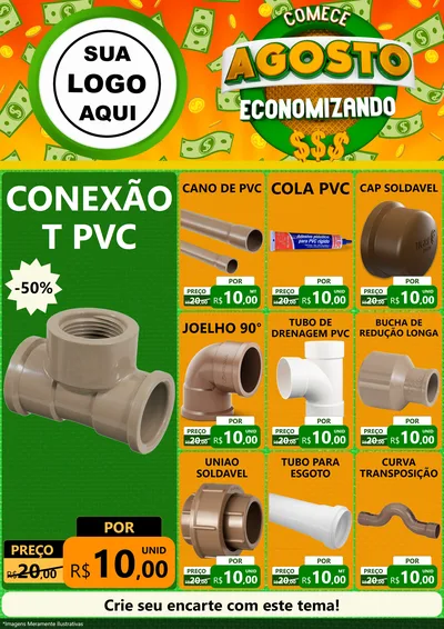 Modelo de Encarte para Encarte A4 Vertical com o tema Comece Agosto Economizando para Tubos e conexões