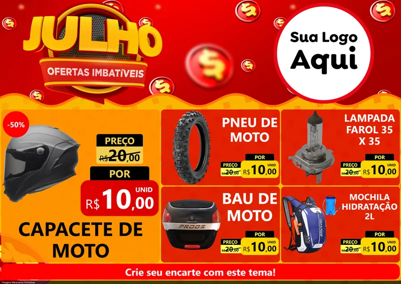 Modelo de Encarte para Encarte A4 Horizontal com o tema Julho Ofertas Imbatíveis para Moto peças