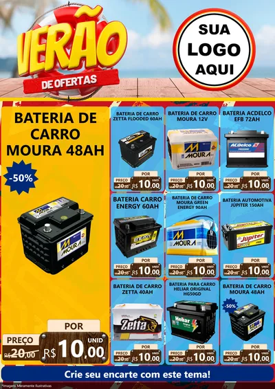 Modelo de Encarte para Encarte A4 Vertical com o tema Verão de Ofertas para Baterias Elétricas
