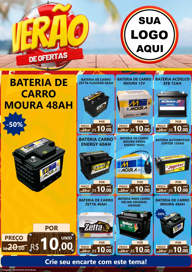 Modelo de Encarte para Encarte A4 Vertical com o tema Verão de Ofertas para Baterias Elétricas
