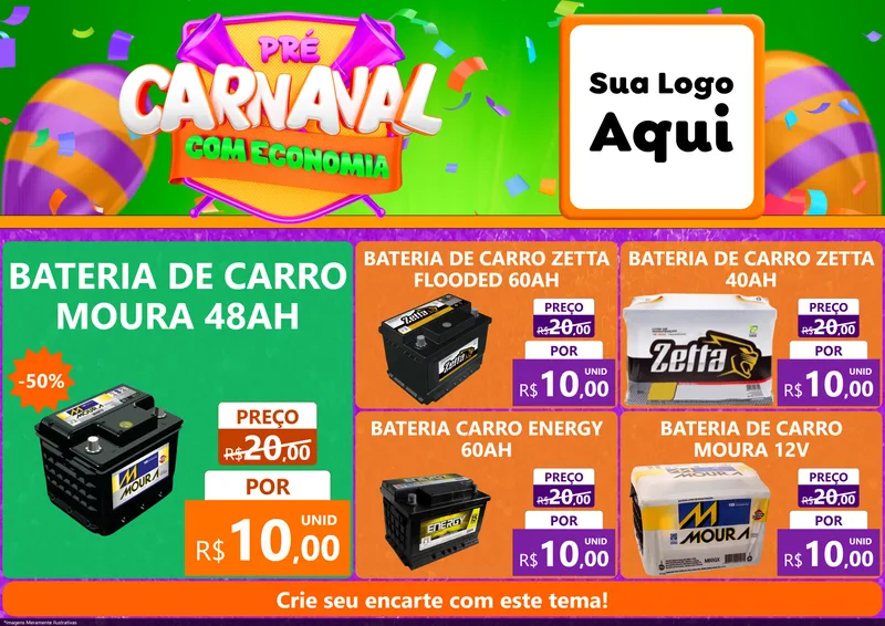 Modelo de Encarte para Encarte A4 Horizontal com o tema Pré-Carnaval Com Economia para Baterias Elétricas