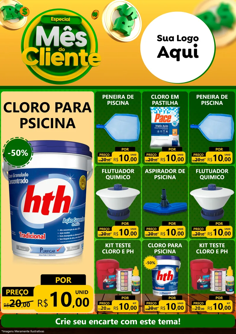 Modelo de Encarte para Encarte A4 Vertical com o tema Especial Mês do Cliente para Produtos para Piscina